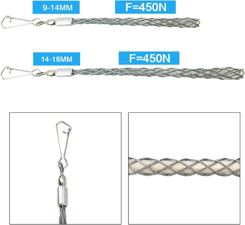 Cable Pulling Grip Sock Galvanizing Steel Cable Sock Kit Antislip Flexible Eye Mesh Rope Pipe Cable Wire Pulling Grips Lassos 2 Set 9-15mm